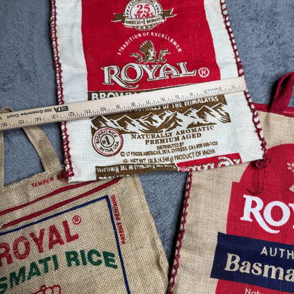 ROYAL BASMATI Rice Bags Empty Burlap Sacks Zip Close Lot of 3 Upcycled Totes - Picture 4 of 7